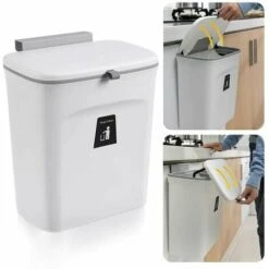Hanging Kitchen Trash Can With Lid, Kitchen Cabinet Door Cupboard Trash Cans, Under Sink Trash Cans, Trash Can For Bedroom Bathroom Office RV 9L (White)