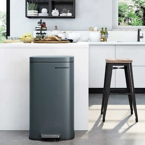 Songmics Kitchen Rubbish Bin, Pedal Trash Can 30L, With Plastic Inner Bucket, Hinged Lid, Soft Closure, Odour Proof And Hygienic, Smoky Grey LTB03GS - Image 2