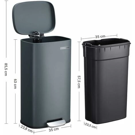 Songmics Kitchen Rubbish Bin, Pedal Trash Can 30L, With Plastic Inner Bucket, Hinged Lid, Soft Closure, Odour Proof And Hygienic, Smoky Grey LTB03GS - Image 5