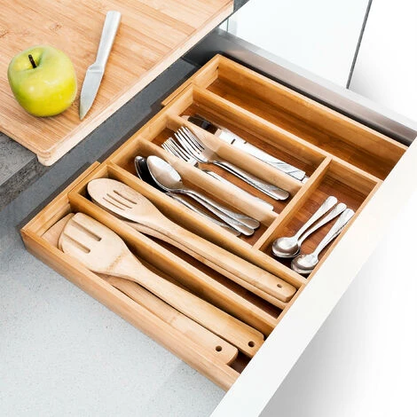 Relaxdays Expandable Kitchen Drawer Organiser, 5 X 43 X 34 Cm, With 5-7 Compartments, Bamboo Cutlery Tray, Brown - Image 2