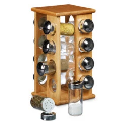 Relaxdays Bamboo Spice Rack With 16 Spice Jars Size: 30 X 19.5 X 19.5 Cm Freestanding Wooden Spice Shelf With Spices Holders Spice Carousel Made Of Wood With Spice Grinder Built-In, Natural Brown