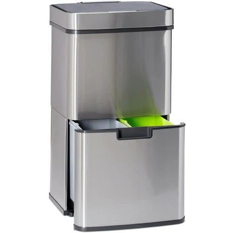 Relaxdays Waste Separation System With 3 Compartments, With Sensor, 60 L, 3 Bins, Pullout, Stainless Steel, HxWxD: 74.5 X 42 X 31.5 Cm, Silver