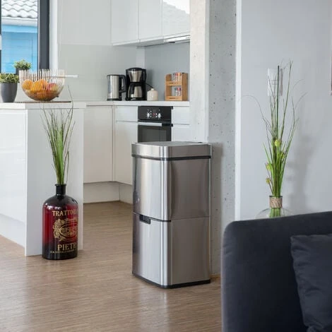 Relaxdays Waste Separation System With 3 Compartments, With Sensor, 60 L, 3 Bins, Pullout, Stainless Steel, HxWxD: 74.5 X 42 X 31.5 Cm, Silver - Image 2