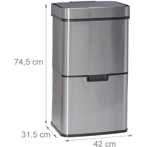 Relaxdays Waste Separation System With 3 Compartments, With Sensor, 60 L, 3 Bins, Pullout, Stainless Steel, HxWxD: 74.5 X 42 X 31.5 Cm, Silver - Image 3