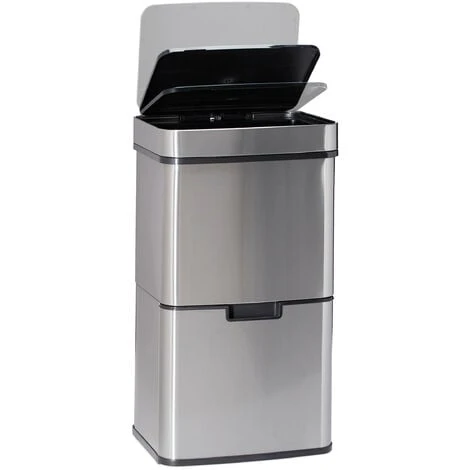 Relaxdays Waste Separation System With 3 Compartments, With Sensor, 60 L, 3 Bins, Pullout, Stainless Steel, HxWxD: 74.5 X 42 X 31.5 Cm, Silver - Image 4