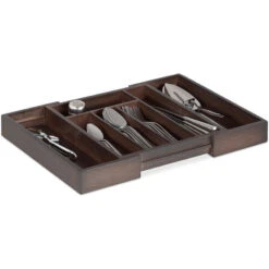 Relaxdays Cutlery Drawer Tray, Extendable, Variable Width, 5 - 7 Compartments, Bamboo Organiser, HWD: 5x48x33.5cm, Dark Brown