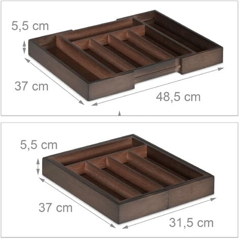 Relaxdays Cutlery Drawer Tray, Extendable, Variable Width, 5 - 7 Compartments, Bamboo Organiser, HWD: 5.5x48.5x37cm, Dark Brown - Image 4
