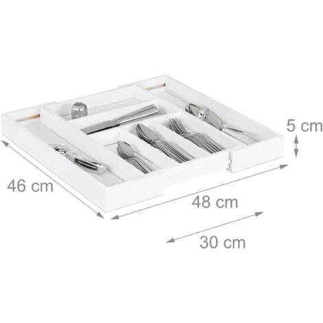 Relaxdays Extendable Cutlery Tray, Var. Width, 5-7 Compartments, Bamboo Organiser, HWD: 5x48x46cm, White - Image 2