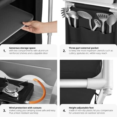 Camping Kitchen 76x53.5x107cm - Camping Kitchen Unit, Camping Kitchen Stand, Camping Cooking Table - Black - Image 5