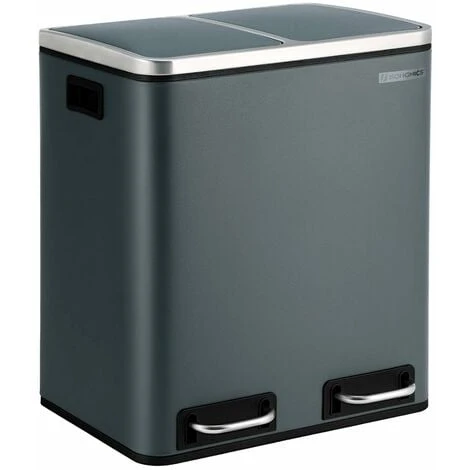 Songmics 30L Recycling Bin, Metal Rubbish Bin, Step Bin With Inner Bucket And Handles, 2 X 15 Liter For Kitchen, Soft Closure, Airtight, Smoky Grey LTB30GS