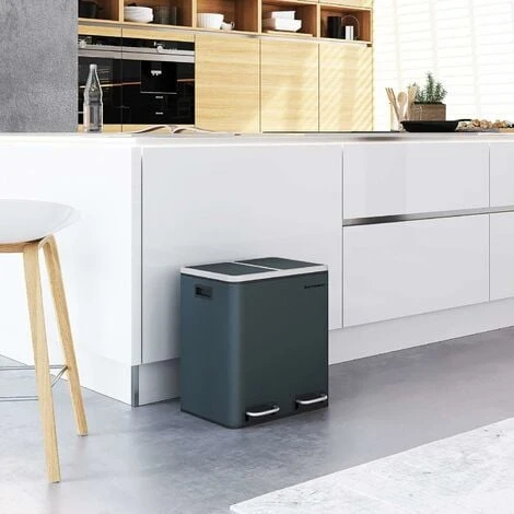 Songmics 30L Recycling Bin, Metal Rubbish Bin, Step Bin With Inner Bucket And Handles, 2 X 15 Liter For Kitchen, Soft Closure, Airtight, Smoky Grey LTB30GS - Image 2