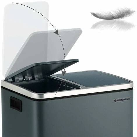 Songmics 30L Recycling Bin, Metal Rubbish Bin, Step Bin With Inner Bucket And Handles, 2 X 15 Liter For Kitchen, Soft Closure, Airtight, Smoky Grey LTB30GS - Image 3
