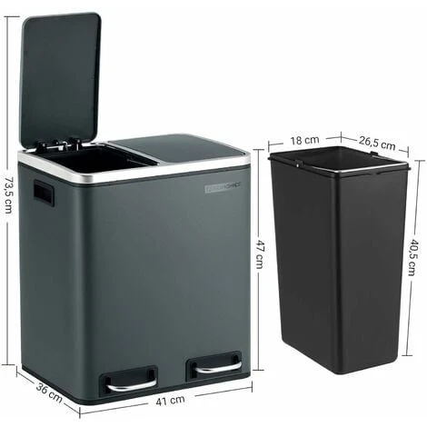 Songmics 30L Recycling Bin, Metal Rubbish Bin, Step Bin With Inner Bucket And Handles, 2 X 15 Liter For Kitchen, Soft Closure, Airtight, Smoky Grey LTB30GS - Image 5