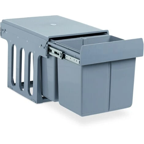 Relaxdays Built-In Kitchen Bin, Pull Out, 15 L, Plastic Waste Separation System, HWD 35 X 34 X 48 Cm, Grey