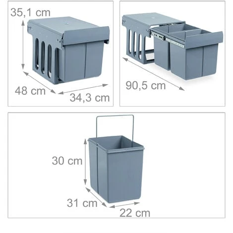 Relaxdays Built-In Kitchen Bin, Pull Out, 15 L, Plastic Waste Separation System, HWD 35 X 34 X 48 Cm, Grey - Image 4