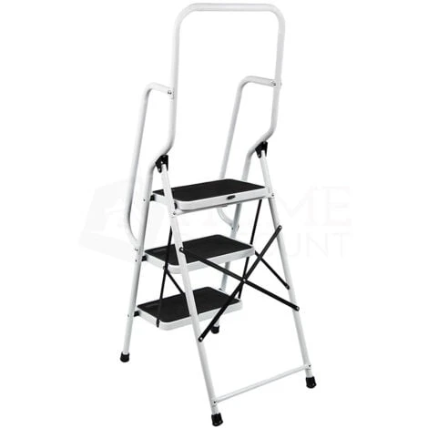 3 Step Ladder With Handrail & Anti-Slip Mat Iron Frame Home DIY Stool