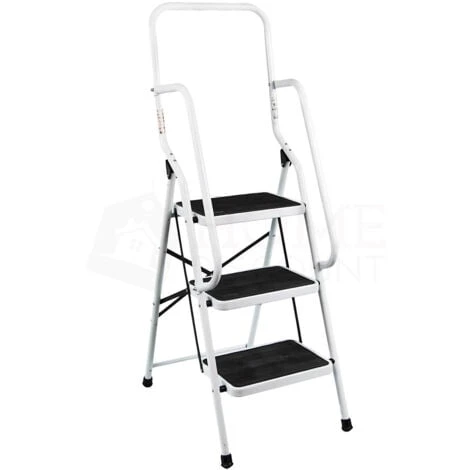 3 Step Ladder With Handrail & Anti-Slip Mat Iron Frame Home DIY Stool - Image 3