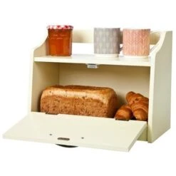 Minack Wooden Bread Bin In Buttermilk // Freestanding Worktop Storage Box With Shelf