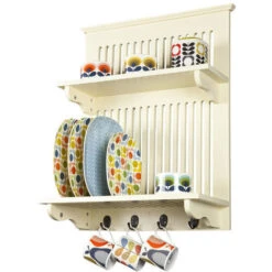 Aston Wooden Kitchen Plate Rack In Buttermilk // Wall-mounted Storage With Solid Top Shelf Above And Hooks Below