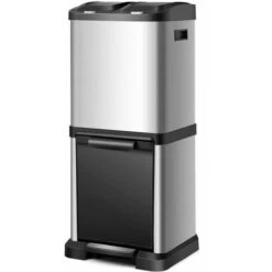 COSTWAY Recycling Pedal Bin For Kitchen Waste, Vertical Waste Separation System, 3 Recycle Compartments, 32L Rubbish Capacity Stainless Steel Trash Garbage Can