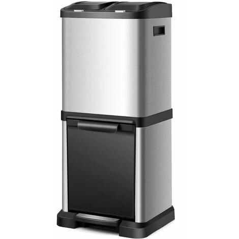 COSTWAY Recycling Pedal Bin For Kitchen Waste, Vertical Waste Separation System, 3 Recycle Compartments, 32L Rubbish Capacity Stainless Steel Trash Garbage Can