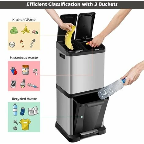 COSTWAY Recycling Pedal Bin For Kitchen Waste, Vertical Waste Separation System, 3 Recycle Compartments, 32L Rubbish Capacity Stainless Steel Trash Garbage Can - Image 2