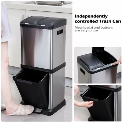 COSTWAY Recycling Pedal Bin For Kitchen Waste, Vertical Waste Separation System, 3 Recycle Compartments, 32L Rubbish Capacity Stainless Steel Trash Garbage Can - Image 3