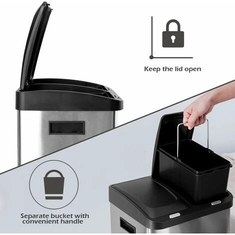 COSTWAY Recycling Pedal Bin For Kitchen Waste, Vertical Waste Separation System, 3 Recycle Compartments, 32L Rubbish Capacity Stainless Steel Trash Garbage Can - Image 4