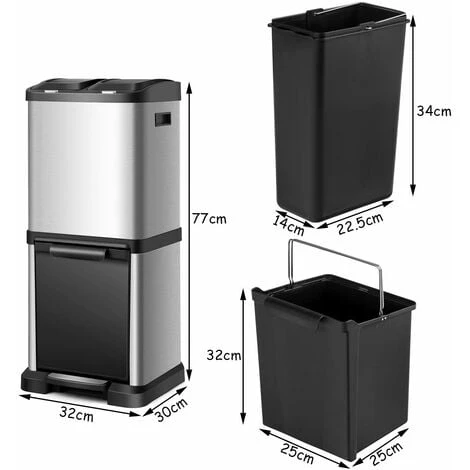 COSTWAY Recycling Pedal Bin For Kitchen Waste, Vertical Waste Separation System, 3 Recycle Compartments, 32L Rubbish Capacity Stainless Steel Trash Garbage Can - Image 5