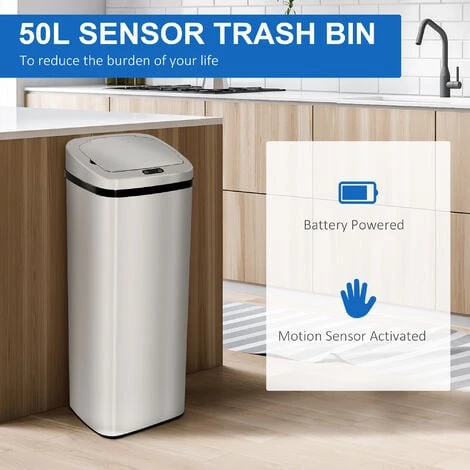 HOMCOM 50L Infrared Automatic Motion Sensor Dustbin Stainless Steel Trash Can - Image 4