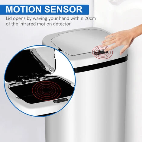 HOMCOM 50L Infrared Automatic Motion Sensor Dustbin Stainless Steel Trash Can - Image 5