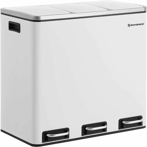 Songmics Recycling Bin, Triple Trash Can, 3 X 18L, Pedal Bin With 3 Compartments, Soft-Close Lids, Plastic Inner Buckets And Carry Handles, White LTB54WT