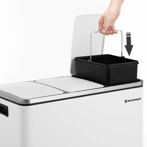 Songmics Recycling Bin, Triple Trash Can, 3 X 18L, Pedal Bin With 3 Compartments, Soft-Close Lids, Plastic Inner Buckets And Carry Handles, White LTB54WT - Image 3