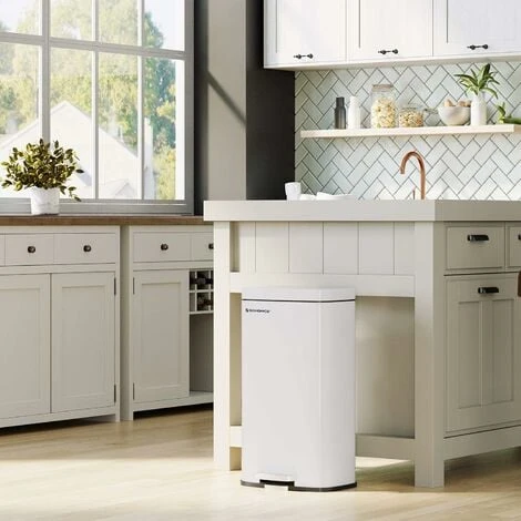 Songmics Kitchen Rubbish Bin, Pedal Trash Can 30L, With Plastic Inner Bucket, Hinged Lid, Soft Closure, Odour Proof And Hygienic, White LTB03WT - Image 2