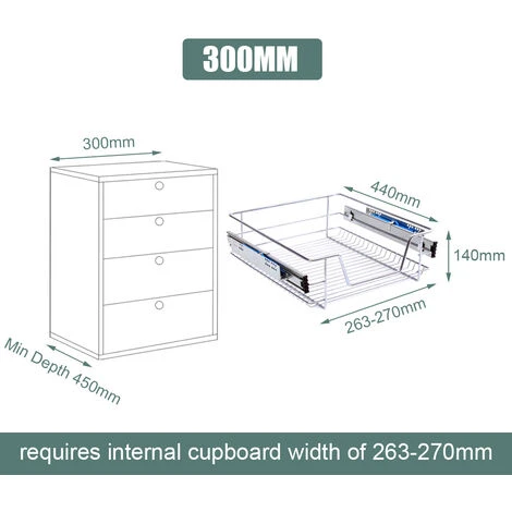 Livingandhome Pull Out Wire Basket Kitchen Cabinet Larder Organizer Cupboard Drawer, 30CM - Image 3