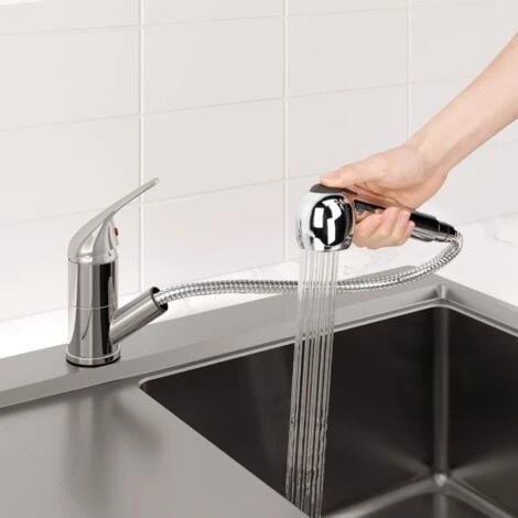Essentials Modern Mono Kitchen Mixer Tap Pull Out Handheld Spray Round Single Lever Chrome - Image 2