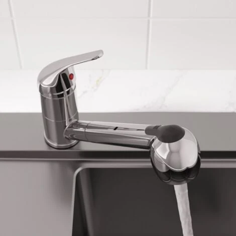 Essentials Modern Mono Kitchen Mixer Tap Pull Out Handheld Spray Round Single Lever Chrome - Image 4