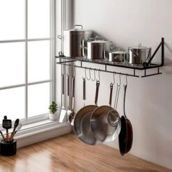 Livingandhome 90CM Wall Mounted Kitchen Organiser Rack Hanging Pot Pan Shelf With Hooks