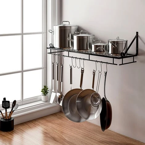 Livingandhome 90CM Wall Mounted Kitchen Organiser Rack Hanging Pot Pan Shelf With Hooks