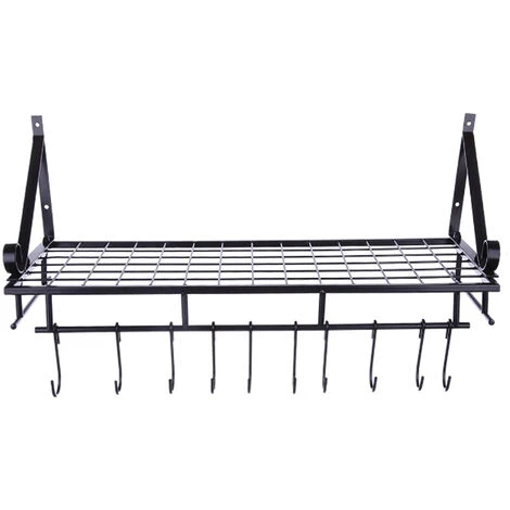 Livingandhome 90CM Wall Mounted Kitchen Organiser Rack Hanging Pot Pan Shelf With Hooks - Image 4