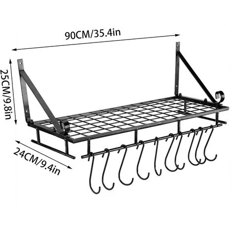 Livingandhome 90CM Wall Mounted Kitchen Organiser Rack Hanging Pot Pan Shelf With Hooks - Image 5