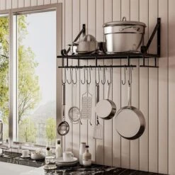 Livingandhome Wall Mounted Metal Pots Pans Storage Racks With 10 Hooks Home