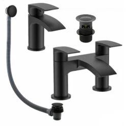 Black Matt Waterfall Basin & Bath Filler Tap Lever Round Deck Mounted Modern