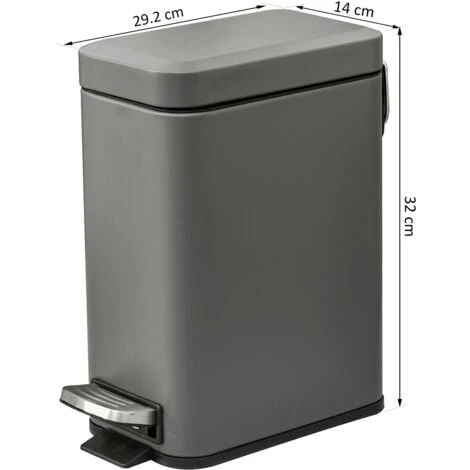HOMCOM 5L Rectangle Compact Bin Steel Body Inner Bucket Quiet-Close Lid W/Pedal Grey - Image 2