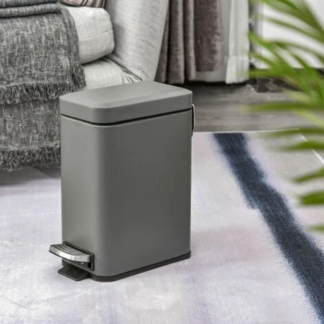 HOMCOM 5L Rectangle Compact Bin Steel Body Inner Bucket Quiet-Close Lid W/Pedal Grey - Image 3