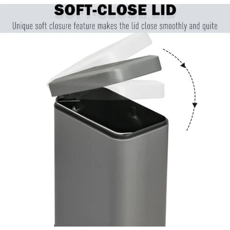 HOMCOM 5L Rectangle Compact Bin Steel Body Inner Bucket Quiet-Close Lid W/Pedal Grey - Image 5