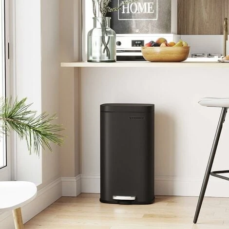 Songmics Kitchen Rubbish Bin, Pedal Trash Can 30L, With Plastic Inner Bucket, Hinged Lid, Soft Closure, Odour Proof And Hygienic, Black LTB03BK - Image 2