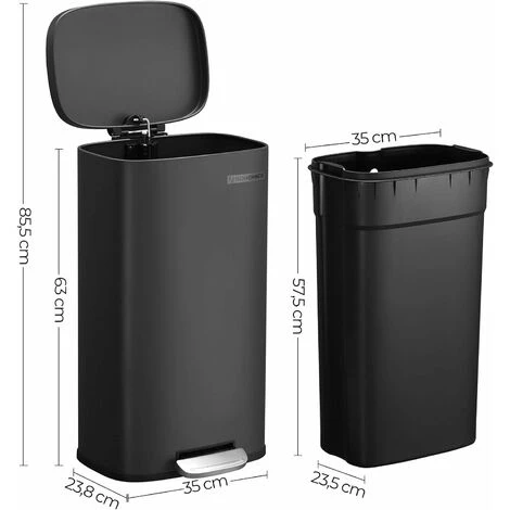 Songmics Kitchen Rubbish Bin, Pedal Trash Can 30L, With Plastic Inner Bucket, Hinged Lid, Soft Closure, Odour Proof And Hygienic, Black LTB03BK - Image 5