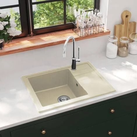 Kitchen Sink With Overflow Hole Oval Beige Granite VidaXL - Image 2