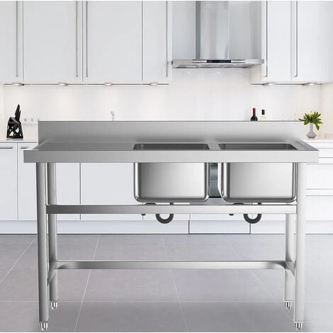 Livingandhome Commercial Double Kitchen Sink Standing Catering With Bowl Side Platform - Image 2